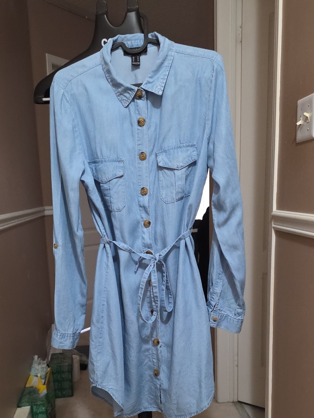 Streetwear Society Light Blue Denim Shirt Dress with Tie